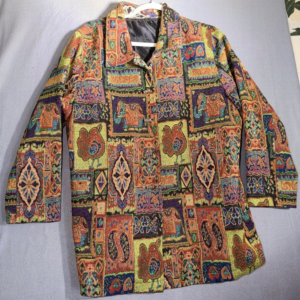 Vintage L Tapestry Jacket Elephant Peacock Boho Eclectic Art To Wear Vintage